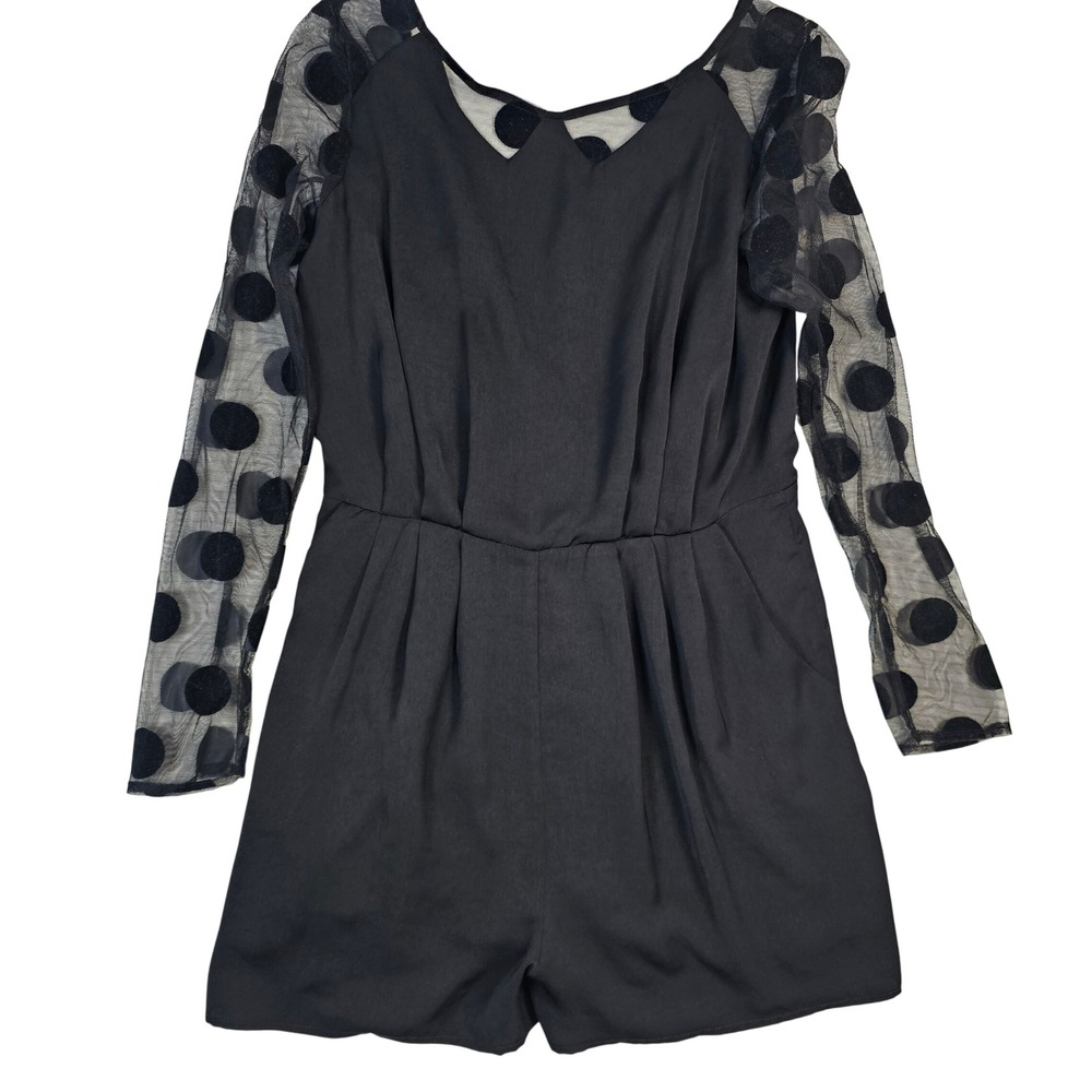 BCBGeneration Black Polka Dot Sheer Mesh Sleeve Romper Size 10
